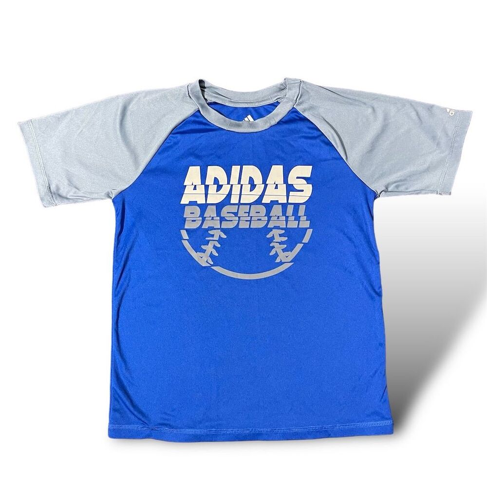 Adidas Boys Graphic T-Shirt Blue/Grey Size 7X Crew Neck Short Sleeve
